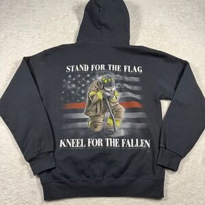 Jerzees NuBlend Mens Black Thin Red Line Firefighter Graphic Hoodie M